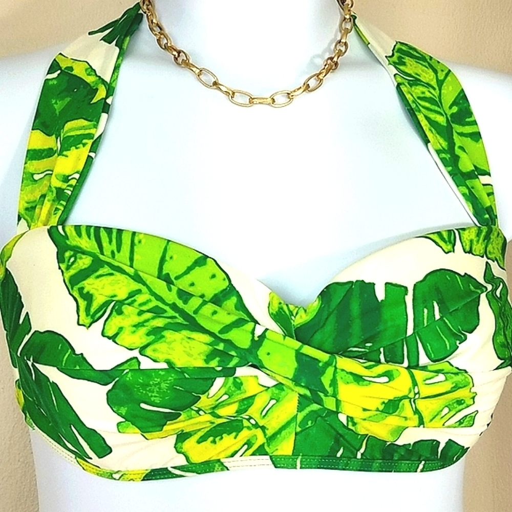 Top bikini halter crop Palm Leaf print tie white